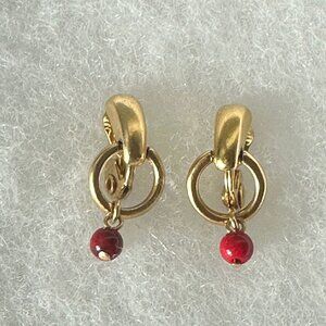Vintage Monet Doorknocker Clip On Earrings Faux Garnet Gold Tone Signed
